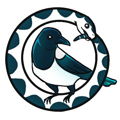 An illustration of a magpie perched on a white ouroboros.
